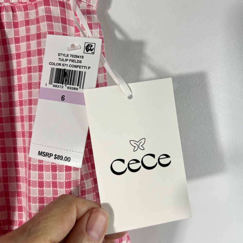 Cece Tulip Fields Gingham Confetti Pink White Midi Skirt Lined NWT 6 Side Zip - Picture 5 of 11